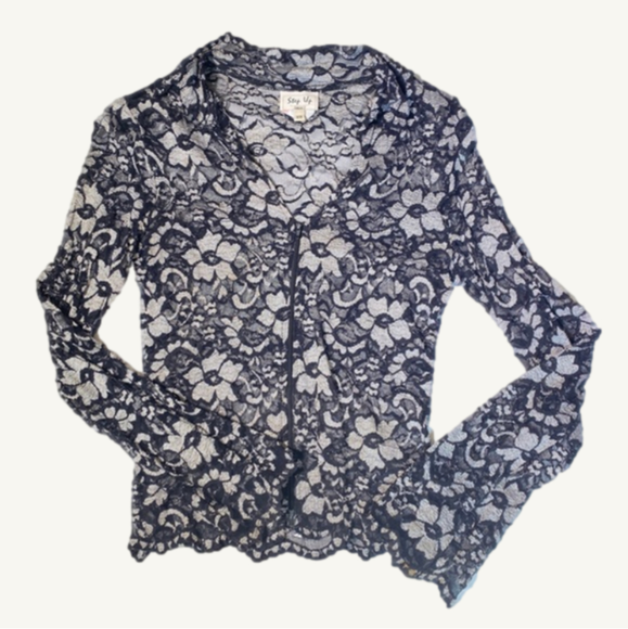 Step Up Tops - Lace Long Sleeve Blouse Zip Up Flare Sleeves Medium